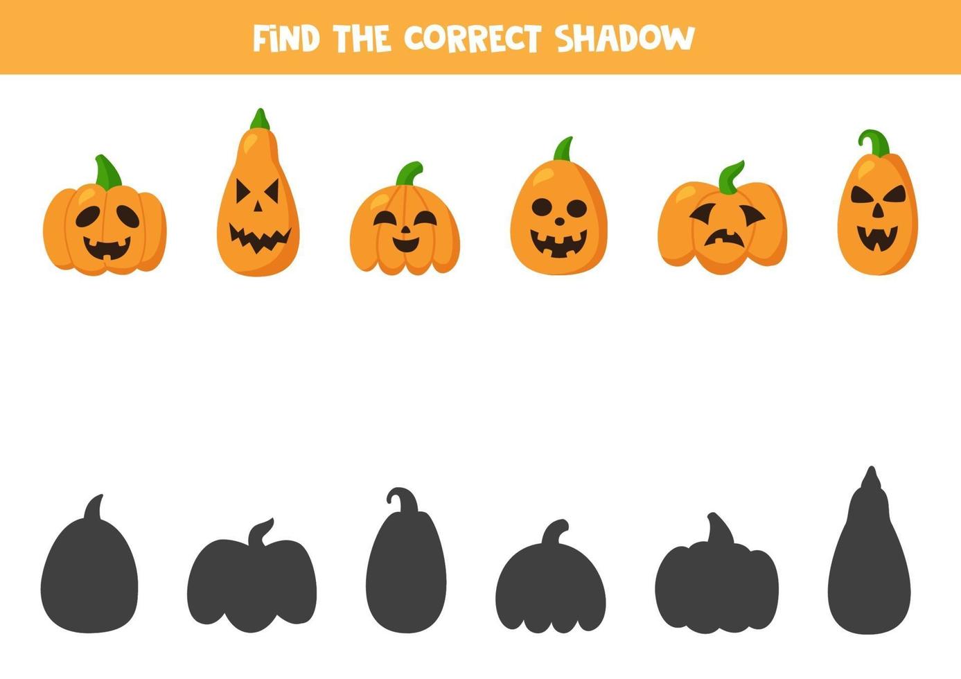 trova le ombre giuste delle zucche di Halloween. gioco logico. vettore