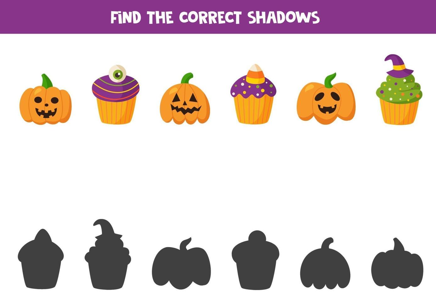 trova l'ombra dei simpatici muffin di Halloween e delle zucche jack o lantern. vettore