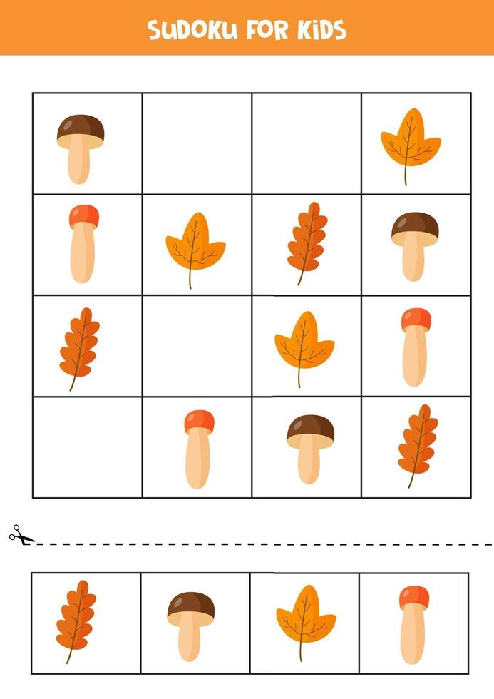 sudoku per bambini con foglie e funghi autunnali. vettore