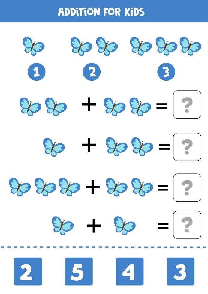 aggiunta con simpatiche farfalle blu. foglio di lavoro di matematica per bambini. vettore