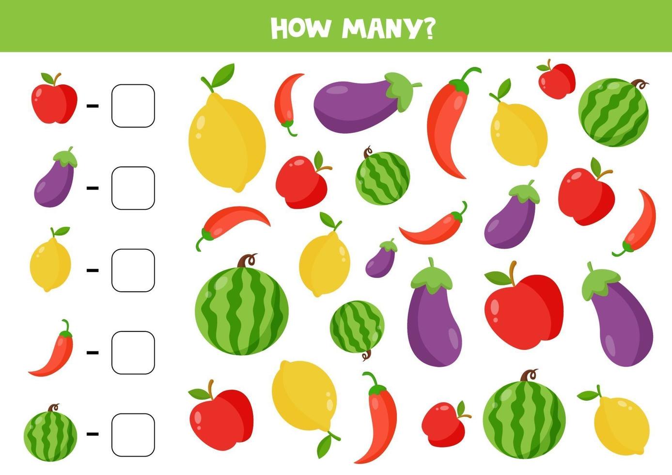 conta la quantità di frutta e verdura. scrivi la risposta giusta. vettore
