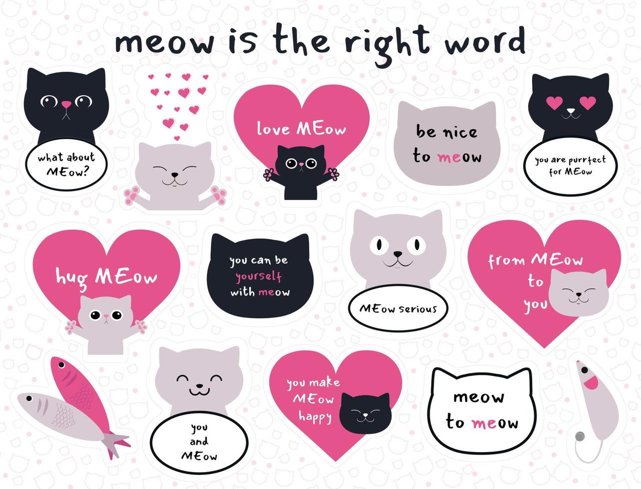 impostato di Miao adesivi con diverso gatti A proposito di divertente frasi. carino gatto adesivi per divertimento. nero e grigio gatti con cuori. adatto per amore carte vettore