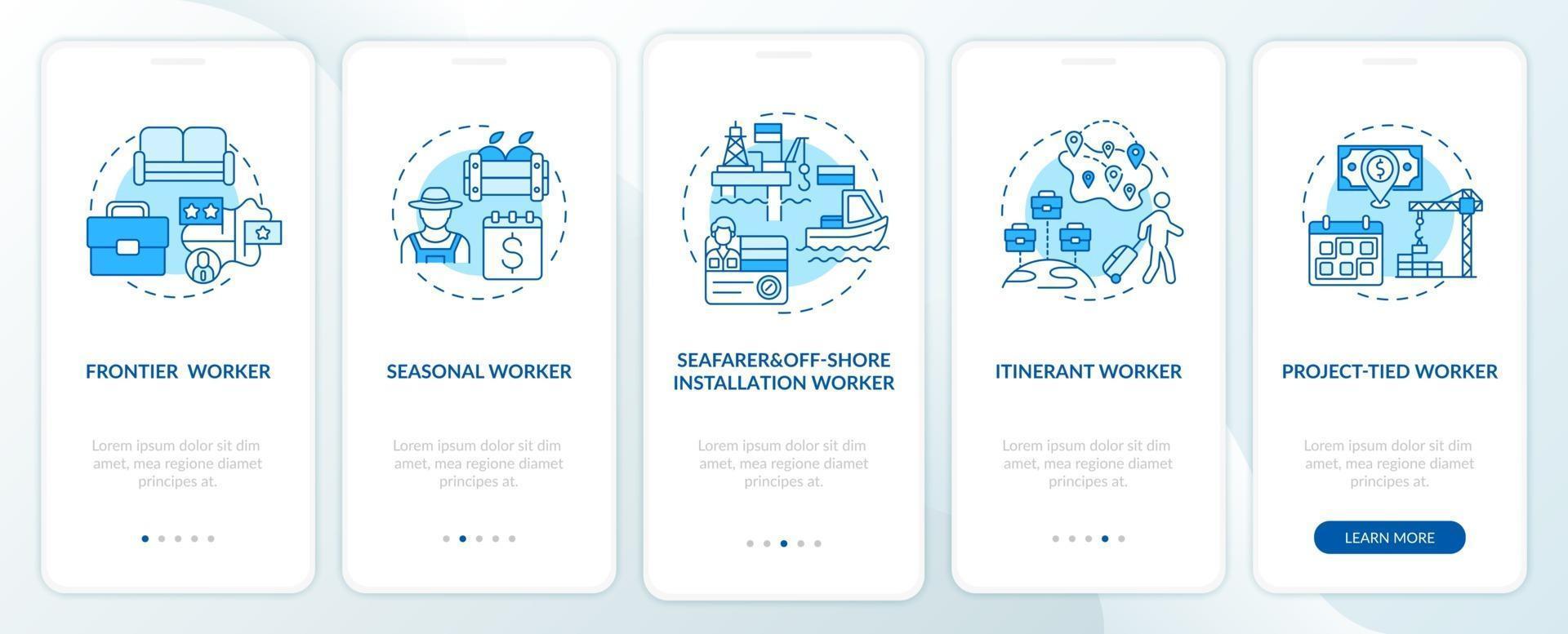 i lavoratori migranti digitano la schermata della pagina dell'app mobile di onboarding blu con i concetti vettore