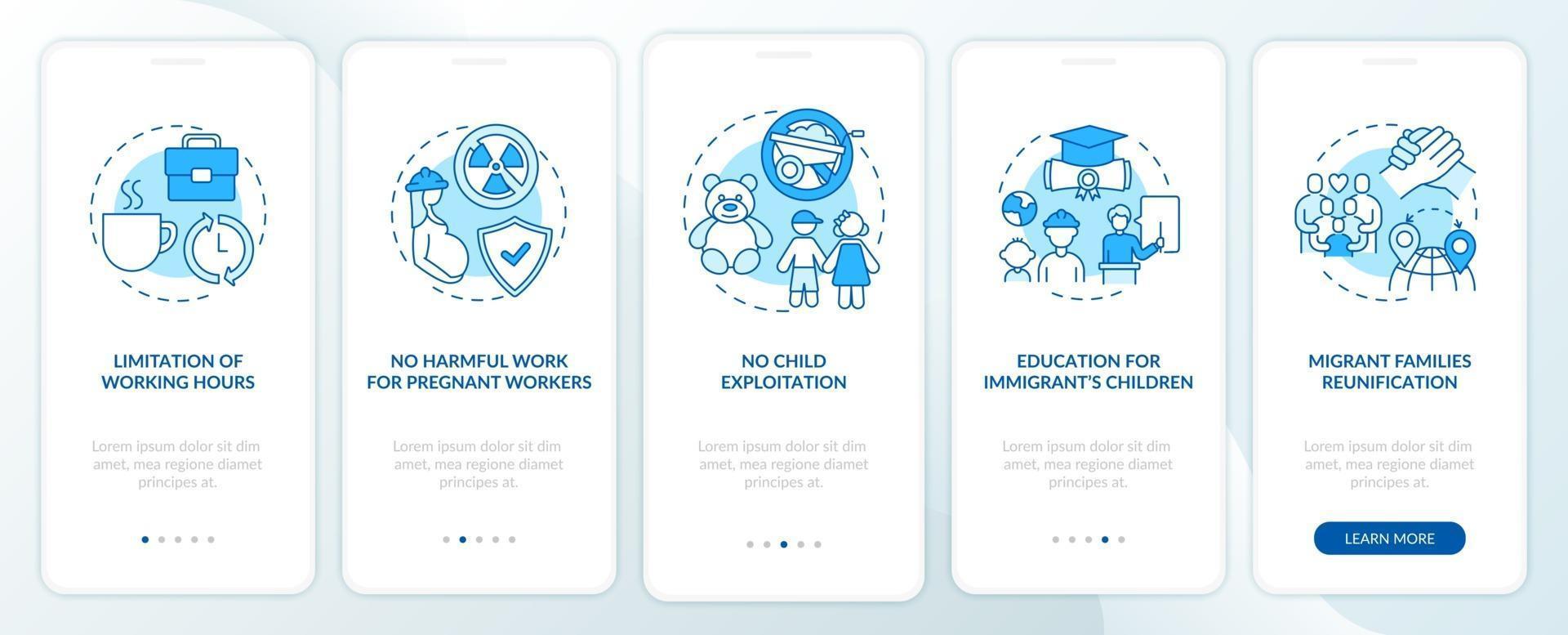 i diritti dei lavoratori migranti schermata della pagina dell'app mobile di onboarding blu con concetti vettore