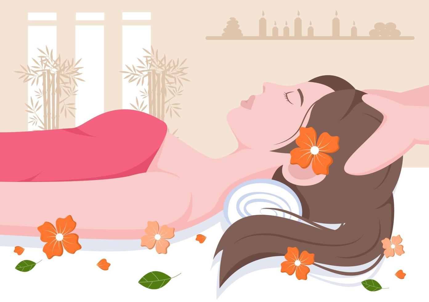 massaggio illustrazione vettoriale in salone di bellezza, spa corpo, relax, viso essenziale e cura della pelle. design piatto