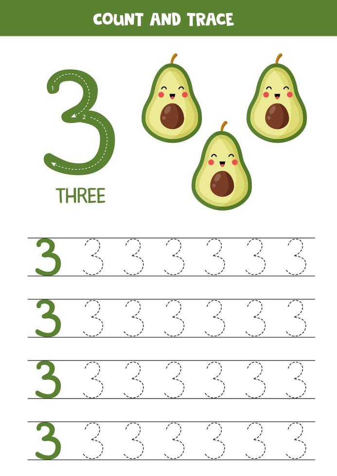 foglio di lavoro per imparare i numeri con simpatici avocado kawaii. numero tre. vettore