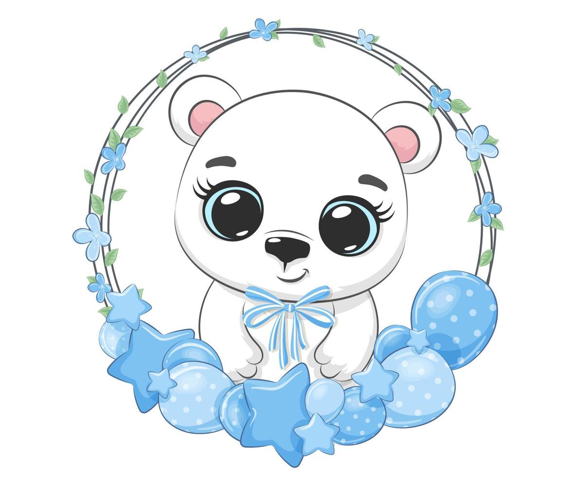 carino polare orso ragazzo e un' festivo ghirlanda. cartone animato vettore illustrazione.