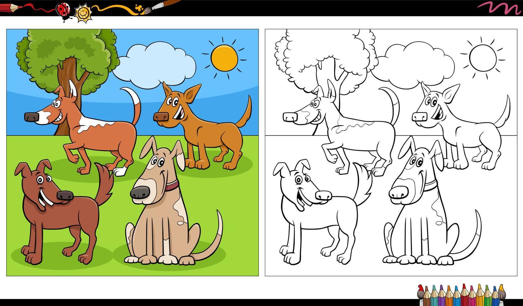 cartone animato cani personaggi gruppo all'aperto colorazione pagina vettore