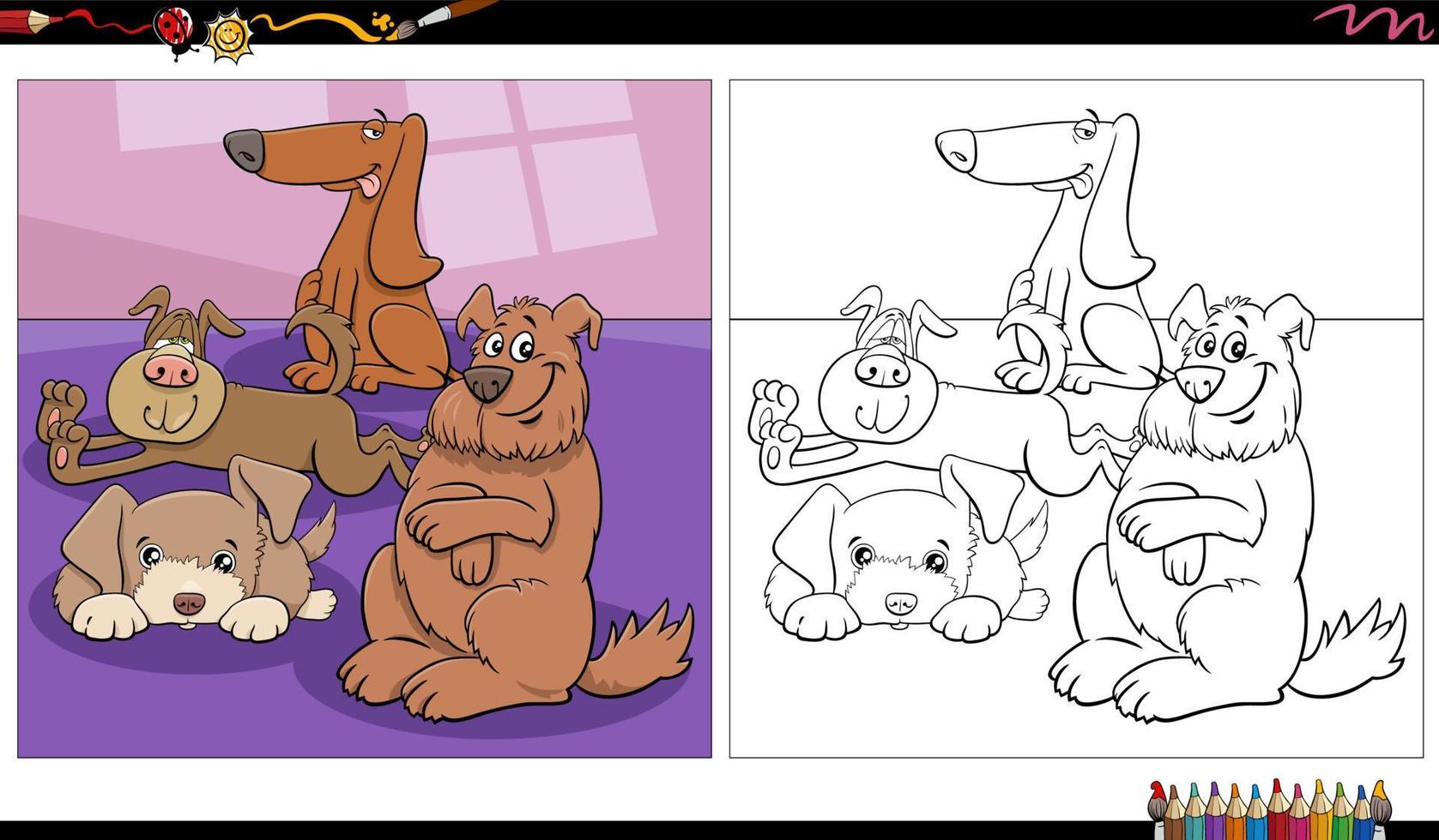 divertente comico cani personaggi gruppo interno colorazione pagina vettore