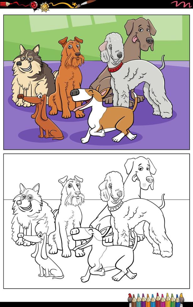 cartone animato di razza cani personaggi gruppo colorazione pagina vettore