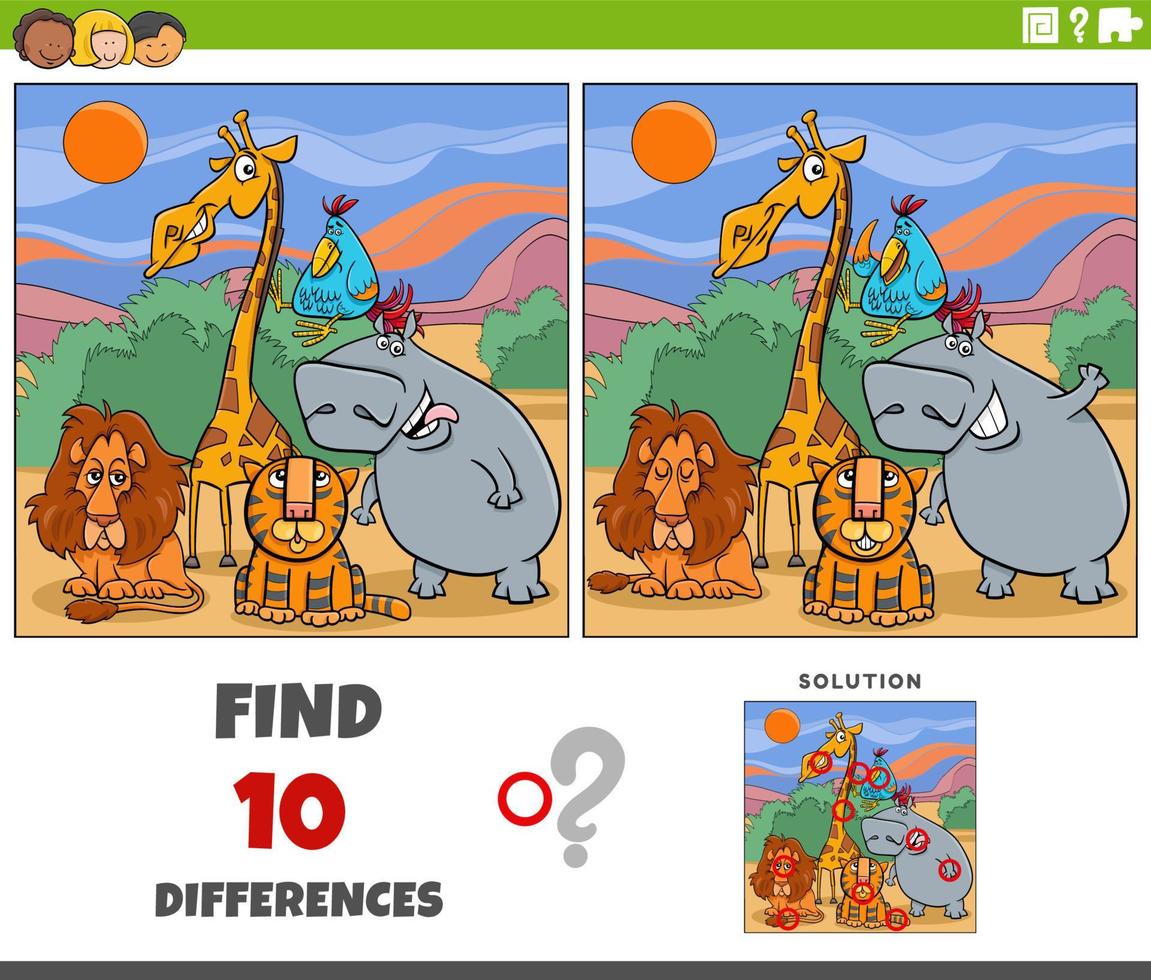 differenze gioco con cartone animato safari animale personaggi vettore