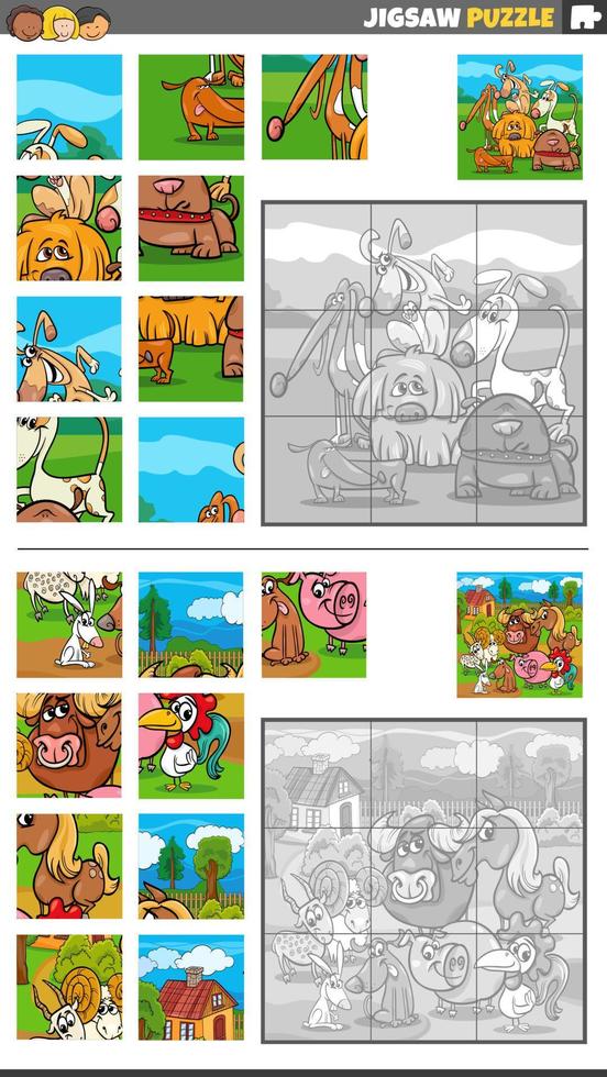 sega puzzle gioco impostato con cartone animato azienda agricola animali e cani vettore