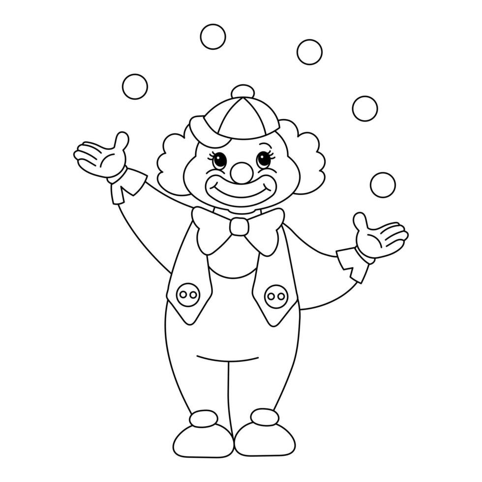 carino divertente cartone animato clown giocoliere con palle. schizzo per figli di colorazione, linea disegno, vettore