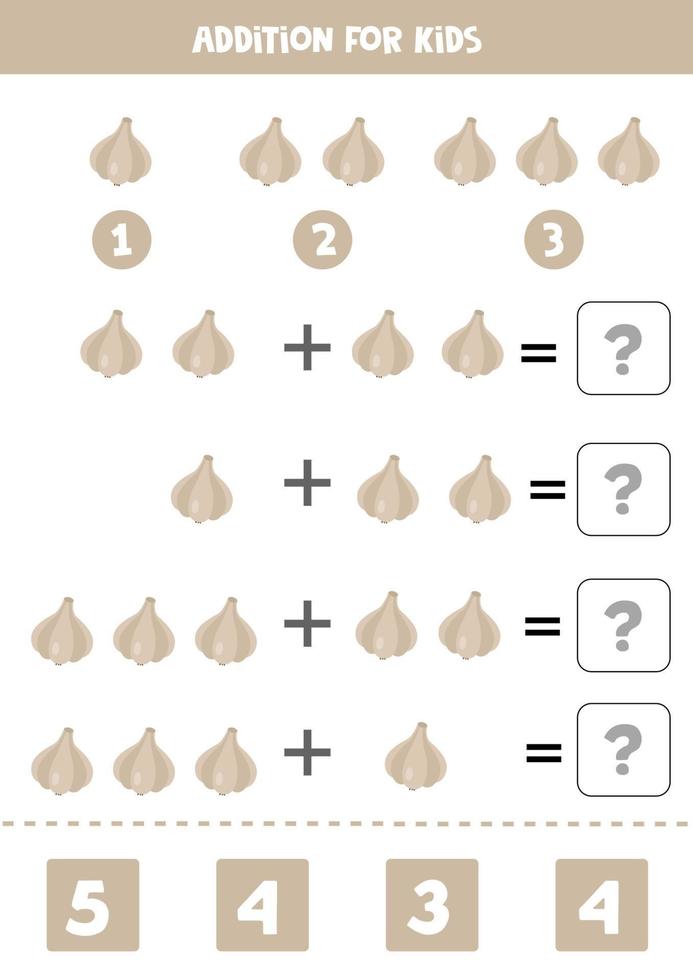 aggiunta per bambini con aglio cartone animato. gioco di matematica. vettore