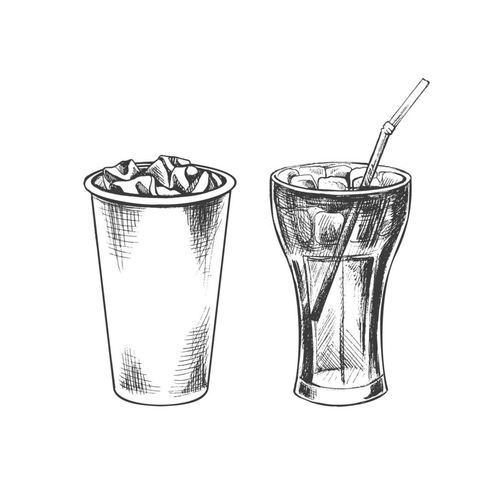 disegnato a mano schizzo di Coca Cola bicchieri con ghiaccio isolato su bianca sfondo. veloce cibo Vintage ▾ illustrazione. elemento per il design di etichette, confezione e cartoline vettore