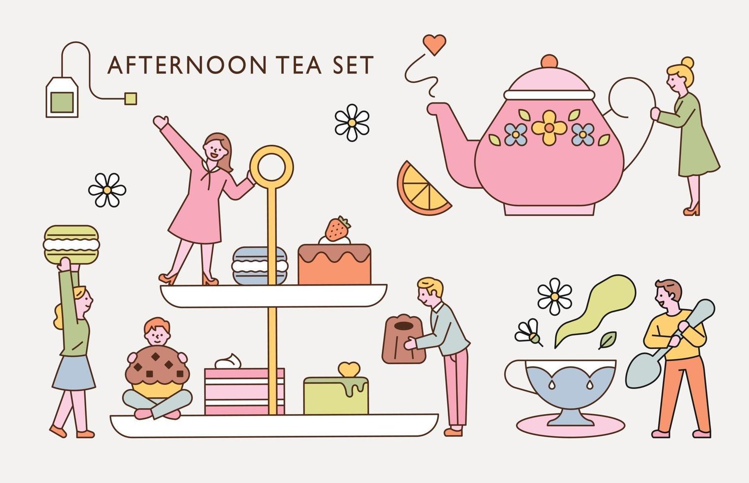 le piccole persone stanno gustando il tè del pomeriggio con un enorme servizio da tè. illustrazione di vettore minimo di stile di design piatto.