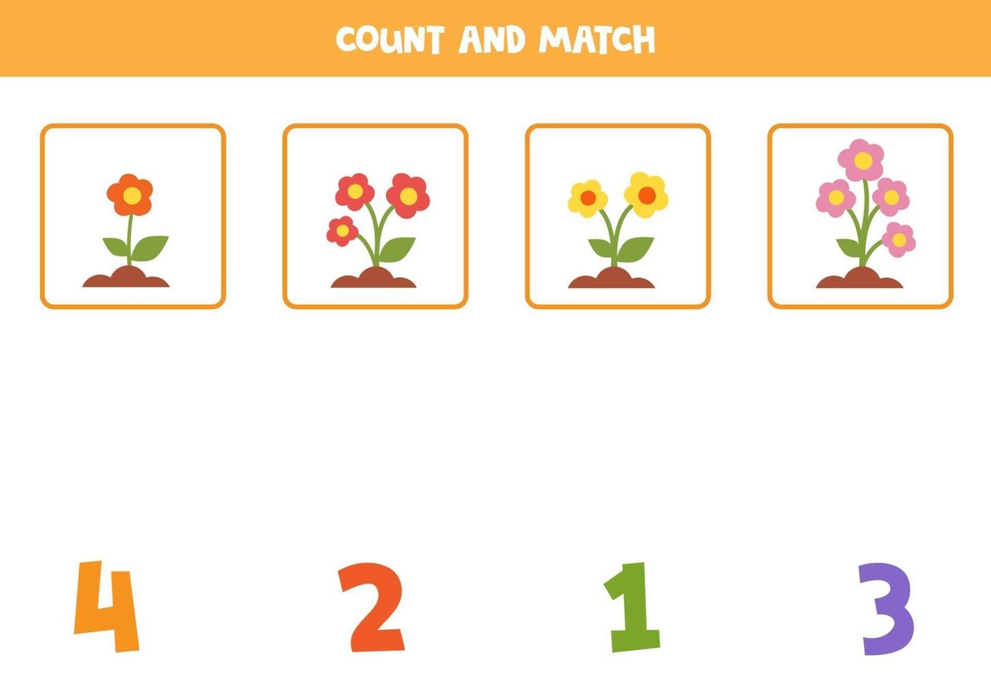 foglio di lavoro di matematica per bambini. gioco di conteggio con fiori colorati simpatico cartone animato. vettore