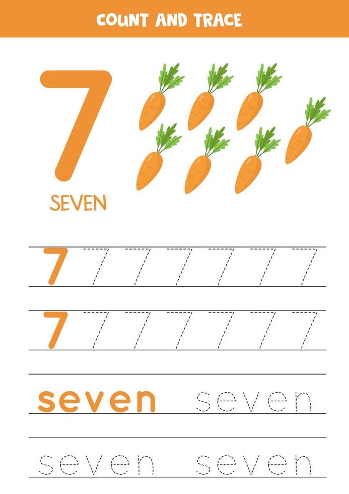 tracciando la parola sette e il numero 7. illustrazioni vettoriali di carote dei cartoni animati.