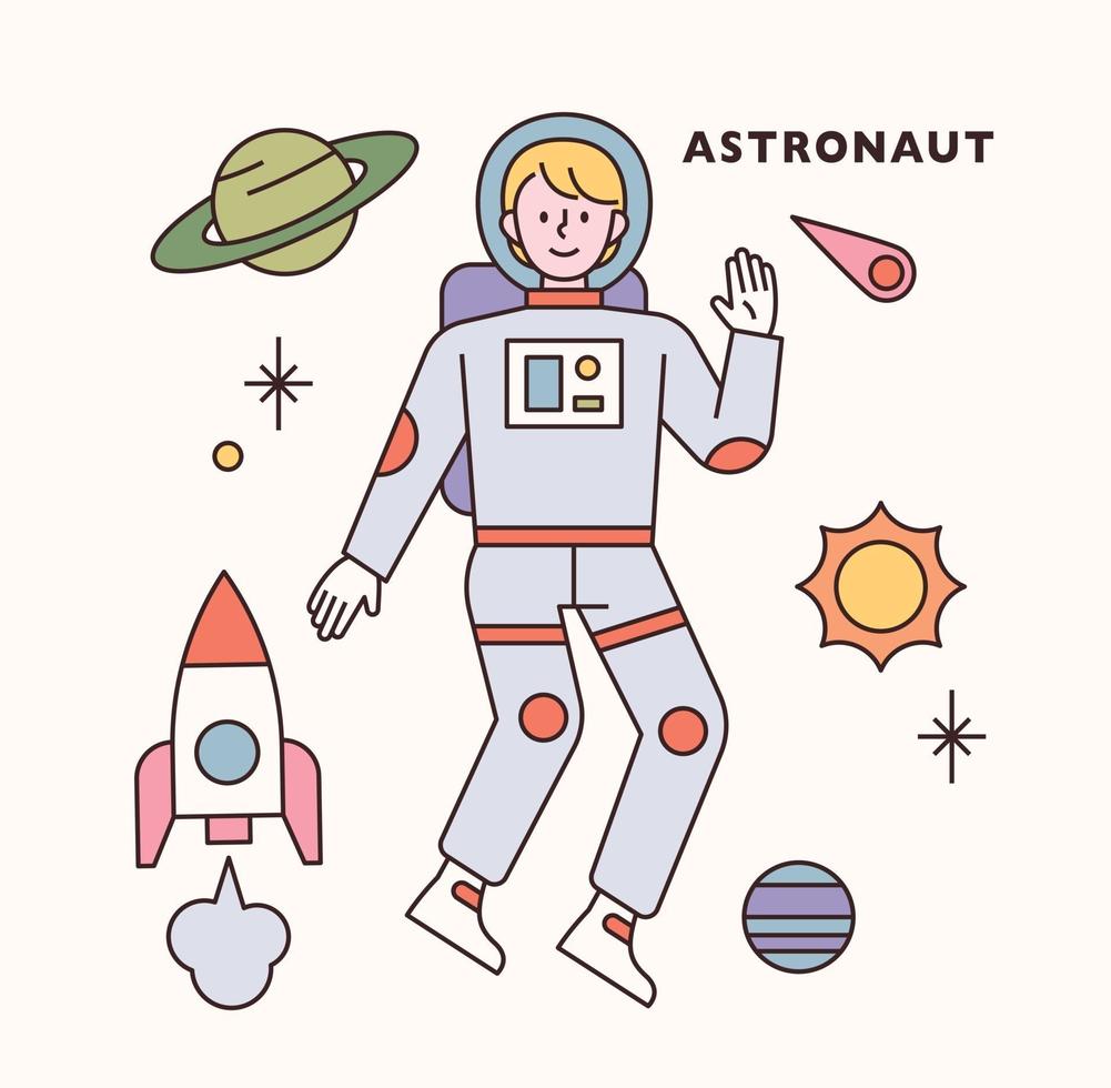 set di caratteri e icone di astronauta. illustrazione di vettore minimo di stile di design piatto.