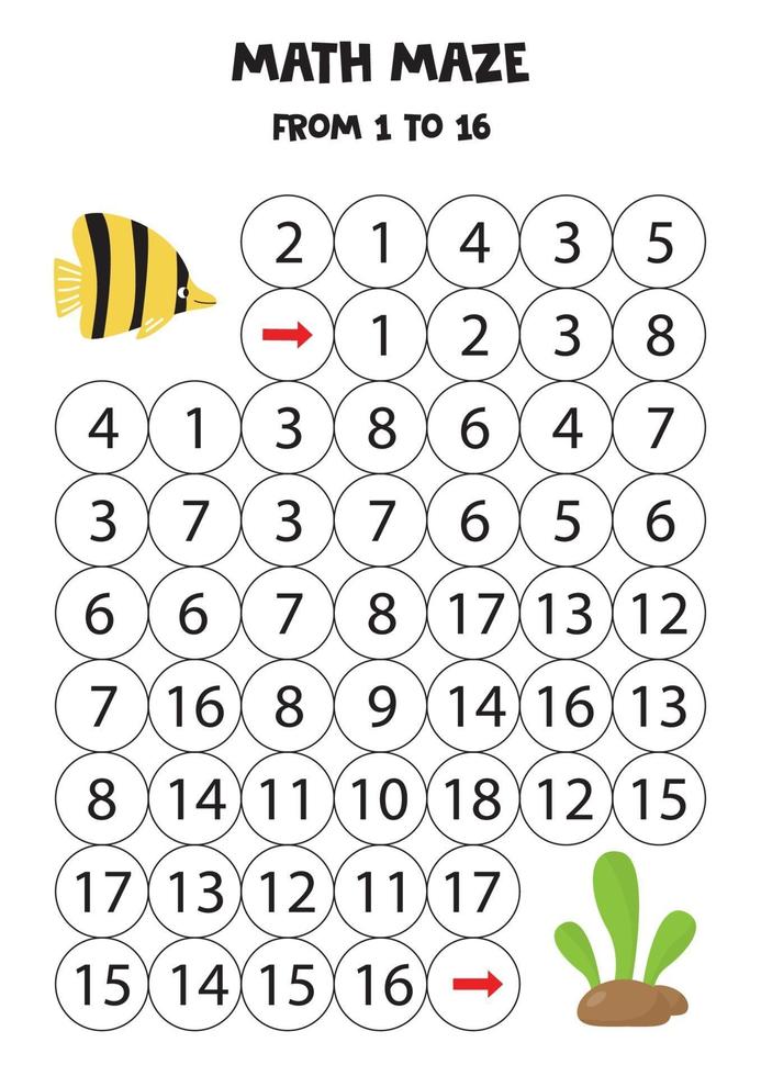 labirinto di matematica per bambini. il pesce nuota nelle alghe. vettore