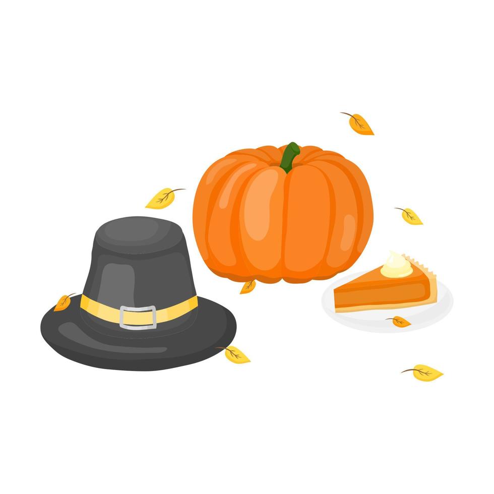 ringraziamento cappello, zucca e torta composizione. vettore