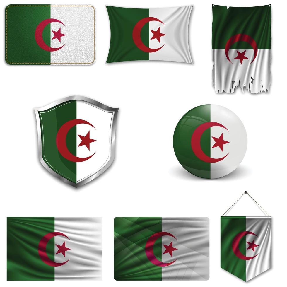 set della bandiera nazionale dell'Algeria in diversi modelli su uno sfondo bianco. illustrazione vettoriale realistico.