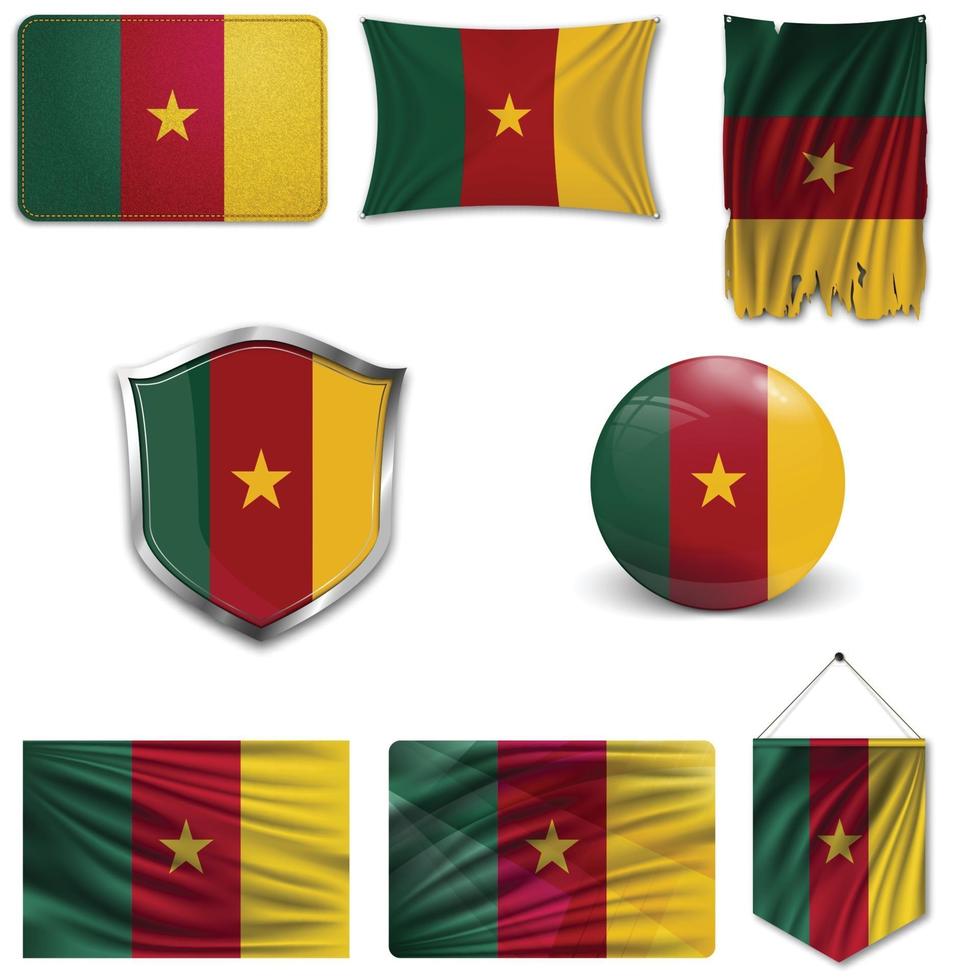 set della bandiera nazionale del Camerun in diversi modelli su uno sfondo bianco. illustrazione vettoriale realistico.
