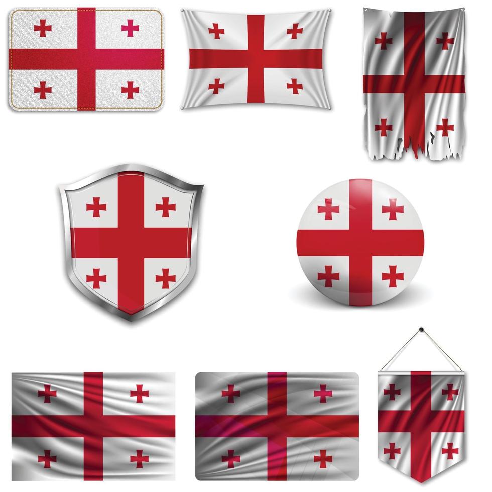 set della bandiera nazionale della georgia in diversi modelli su uno sfondo bianco. illustrazione vettoriale realistico.