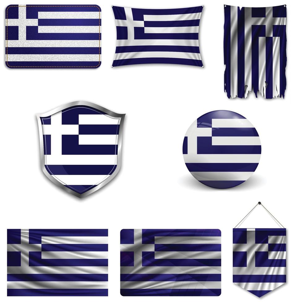 set della bandiera nazionale della Grecia in diversi modelli su uno sfondo bianco. illustrazione vettoriale realistico.