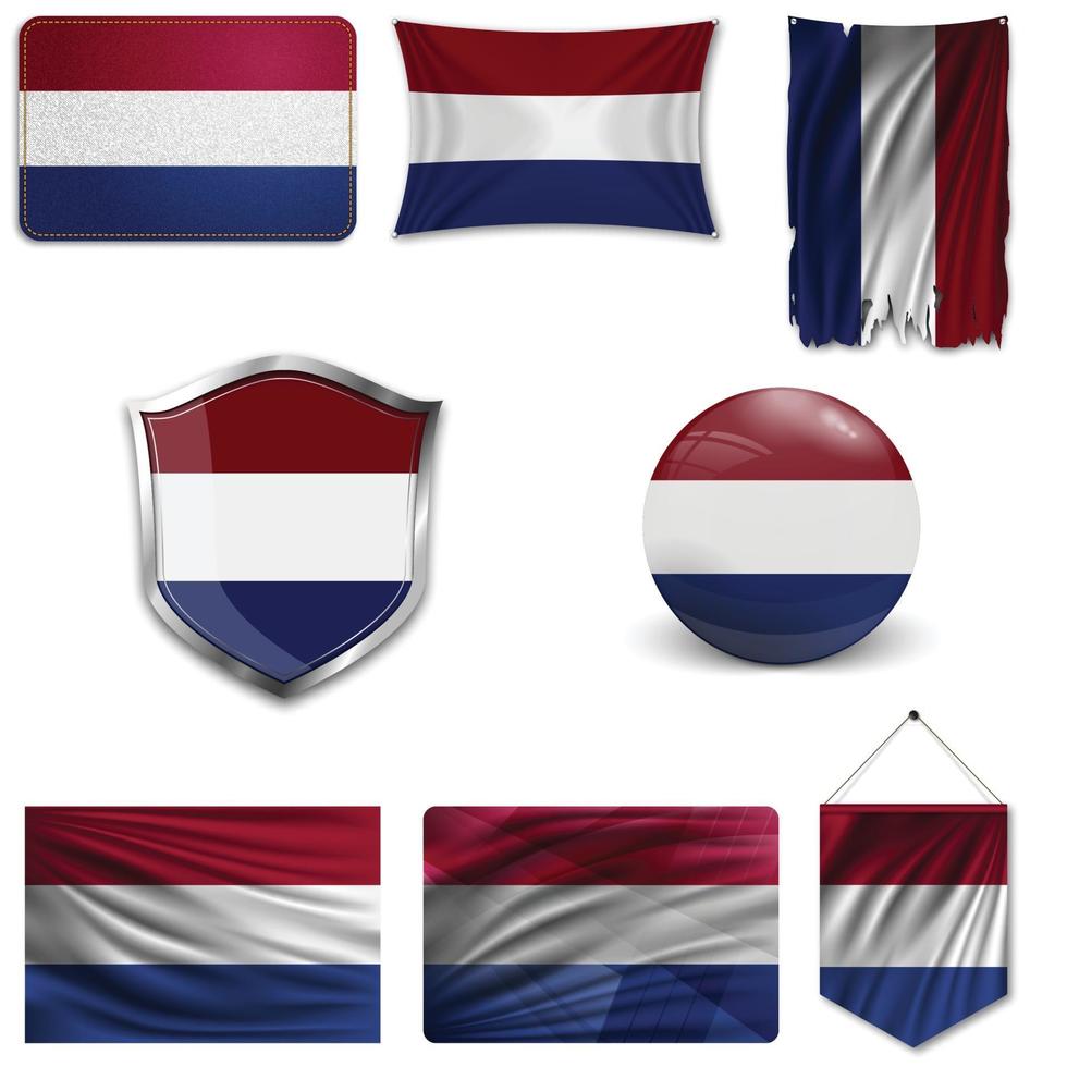 set della bandiera nazionale dei Paesi Bassi in diversi modelli su uno sfondo bianco. illustrazione vettoriale realistico.