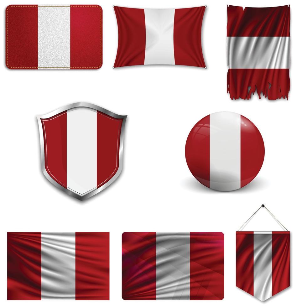 set della bandiera nazionale del Perù in diversi modelli su uno sfondo bianco. illustrazione vettoriale realistico.
