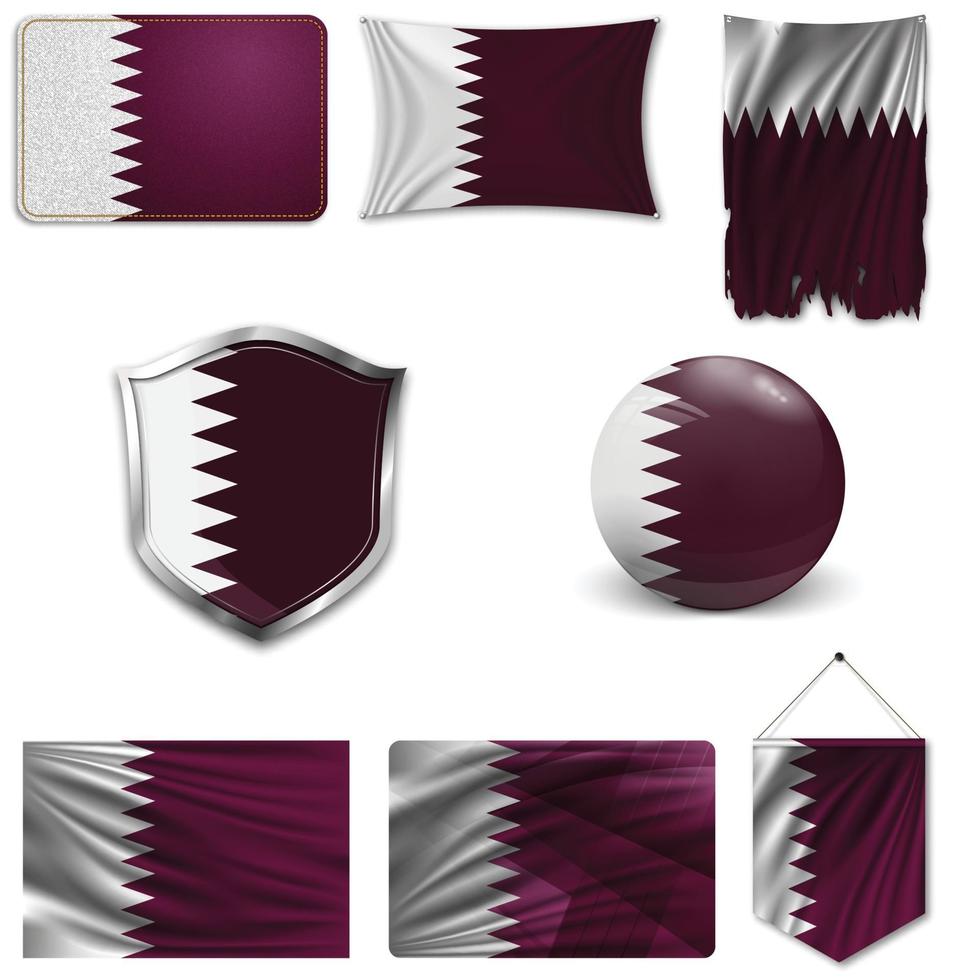 set della bandiera nazionale del qatar in diversi modelli su uno sfondo bianco. illustrazione vettoriale realistico.