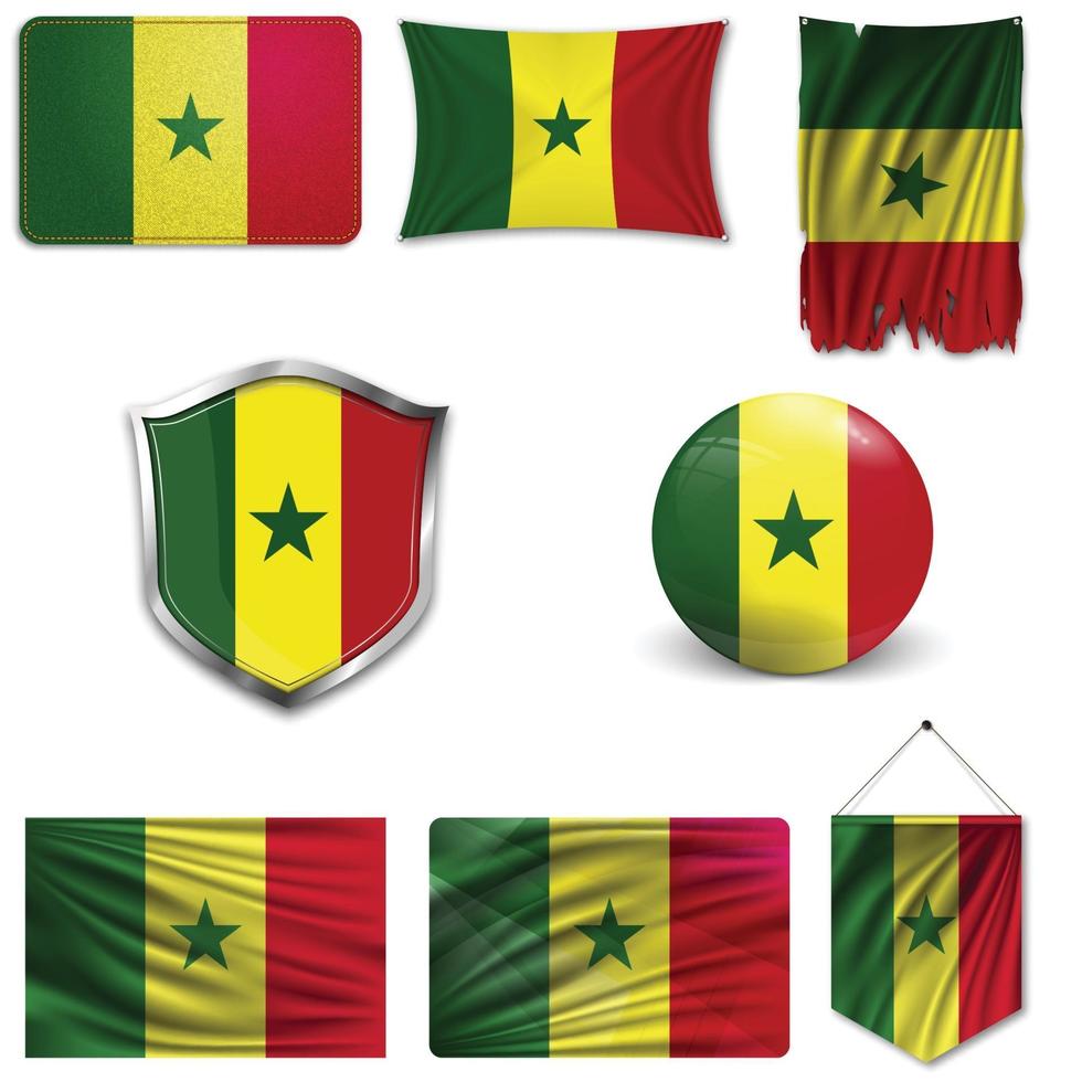 set della bandiera nazionale del senegal in diversi modelli su uno sfondo bianco. illustrazione vettoriale realistico.