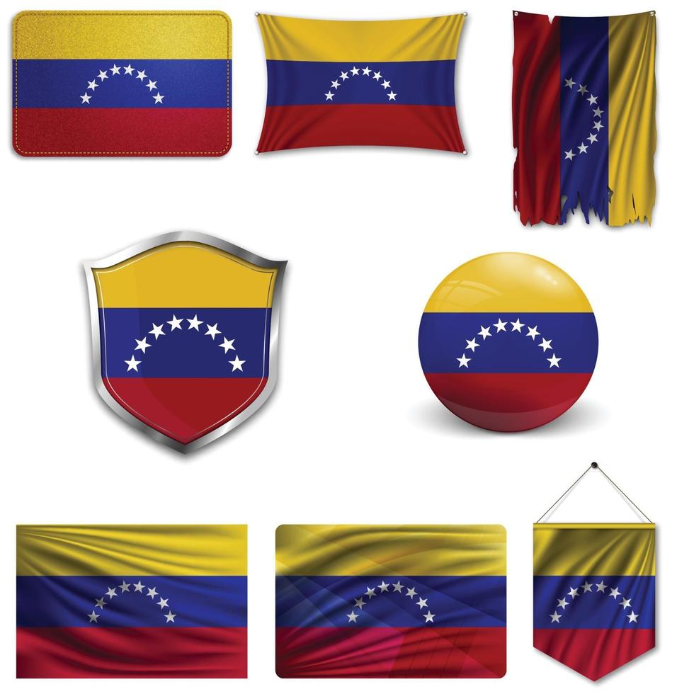 set della bandiera nazionale del venezuela in diversi modelli su uno sfondo bianco. illustrazione vettoriale realistico.