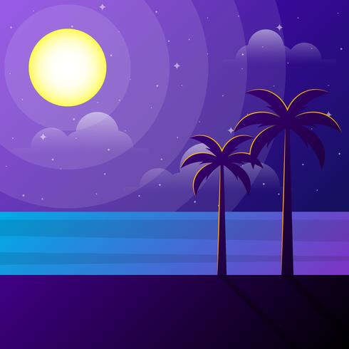 Bella scena della spiaggia all'illustrazione di luce della luna vettore