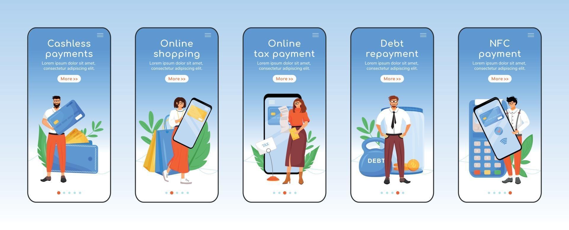 moderno sistema di pagamento delle tasse onboarding modello di vettore piatto schermo mobile app. passaggi del sito Web della procedura dettagliata della tecnologia finanziaria con i personaggi. ux, ui, interfaccia del fumetto dello smartphone gui, set di stampe di custodie