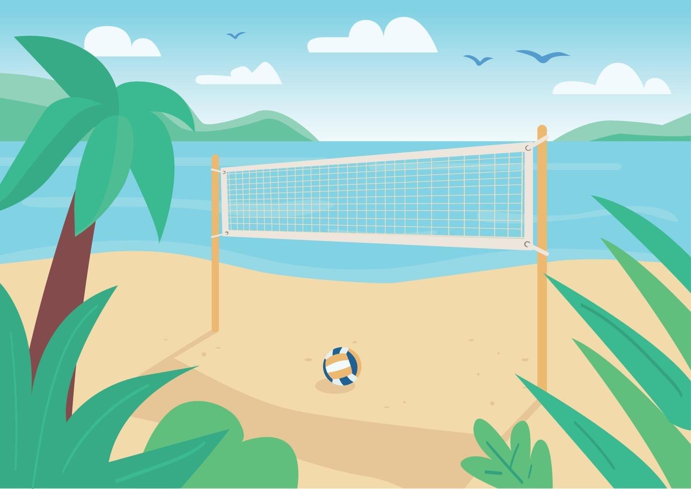 illustrazione di vettore di colore piatto netto beach volley. gioco della palla all'aperto cort. intrattenimento per le vacanze estive. paesaggio del fumetto 2d del litorale con acqua e palme tropicali sullo sfondo