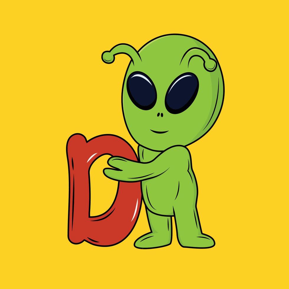 carino alieno con d lettera cartone animato etichetta vettore illustrazione