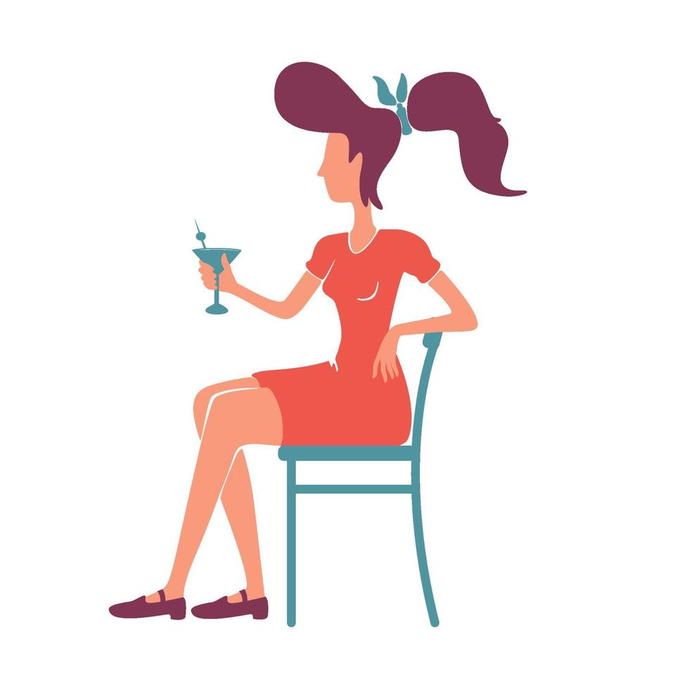 giovane donna elegante retrò con carattere senza volto di vettore di colore piatto cocktail. persona di sesso femminile vecchio stile. signora di stile rockabilly in vestito rosso che si siede, bevendo alcol illustrazione isolata del fumetto