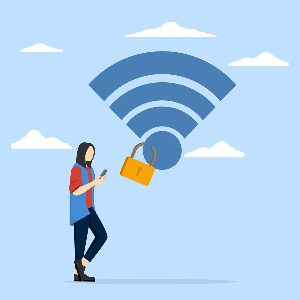 Wi-Fi crittografia concetto, senza fili sicurezza o sicurezza per Internet connessione, Rete protezione o mobile accesso, parola d'ordine crittografia, mobile utenti collegato per Wi-Fi Rete con lucchetto crittografia. vettore