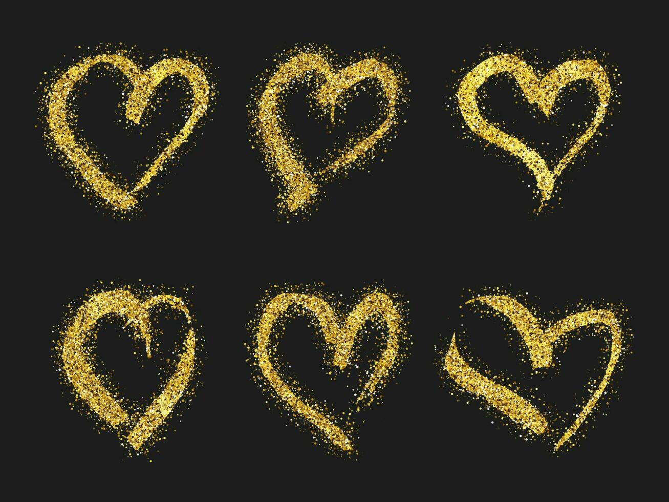 oro luccichio scarabocchio cuore su buio sfondo. impostato di sei oro grunge mano disegnato cuore. romantico amore simbolo. vettore illustrazione.
