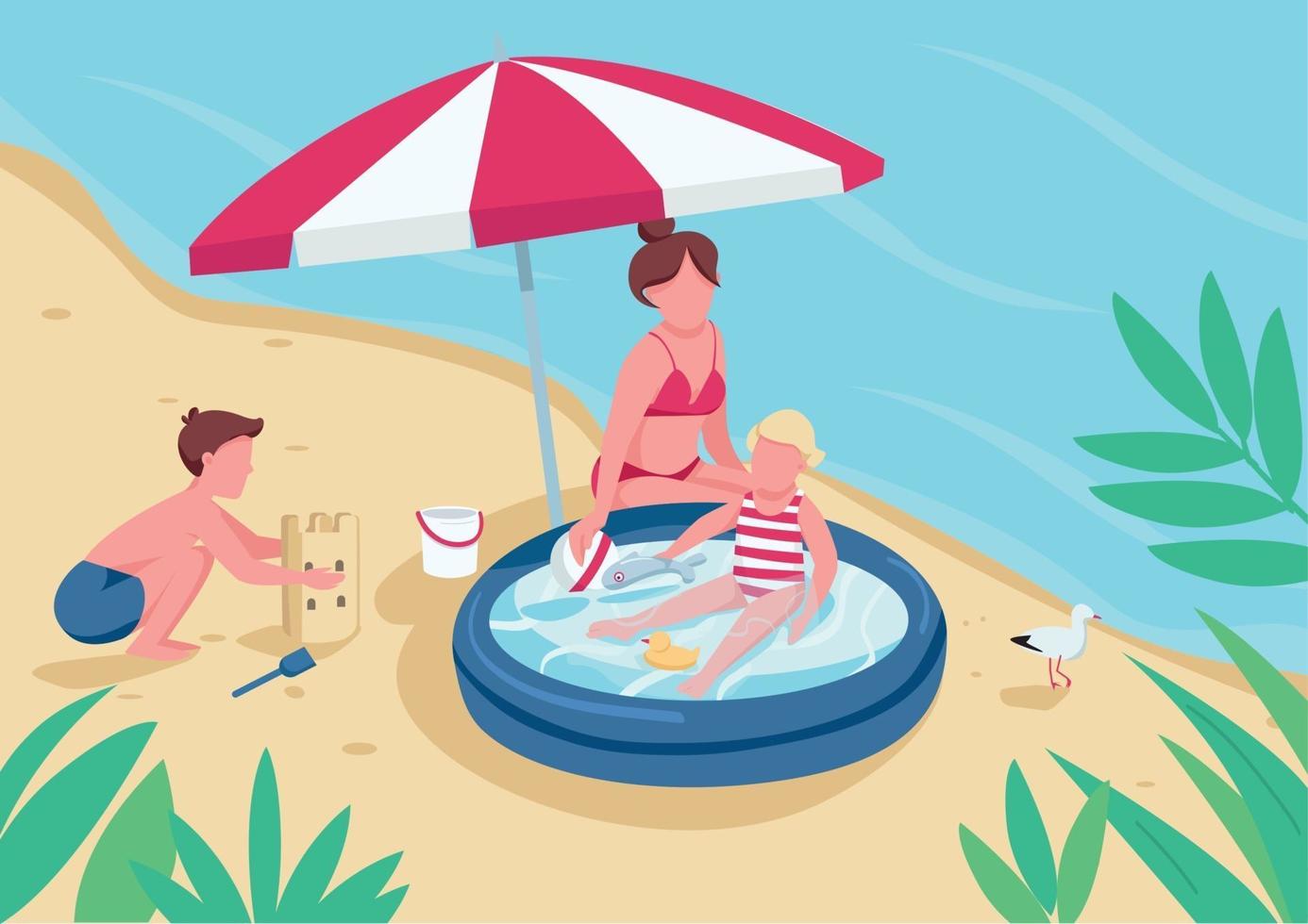 madre con bambini sulla spiaggia di sabbia colore piatto illustrazione vettoriale. ragazzo che costruisce castelli di sabbia, ragazza che nuota nella piscina gonfiabile. attività estiva in famiglia personaggi dei cartoni animati 2d con vista sul mare sullo sfondo vettore