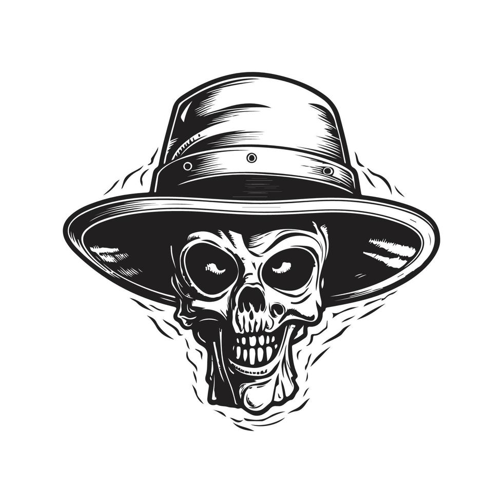 alieno testa nel secchio cappello, Vintage ▾ logo concetto nero e bianca colore, mano disegnato illustrazione vettore