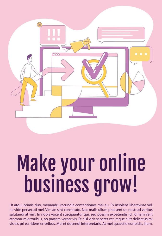 fai crescere il tuo business online poster modello vettoriale sagoma piatta. sem brochure, opuscolo una pagina concept design con personaggi dei cartoni animati. volantino del servizio di promozione Internet, volantino con spazio di testo