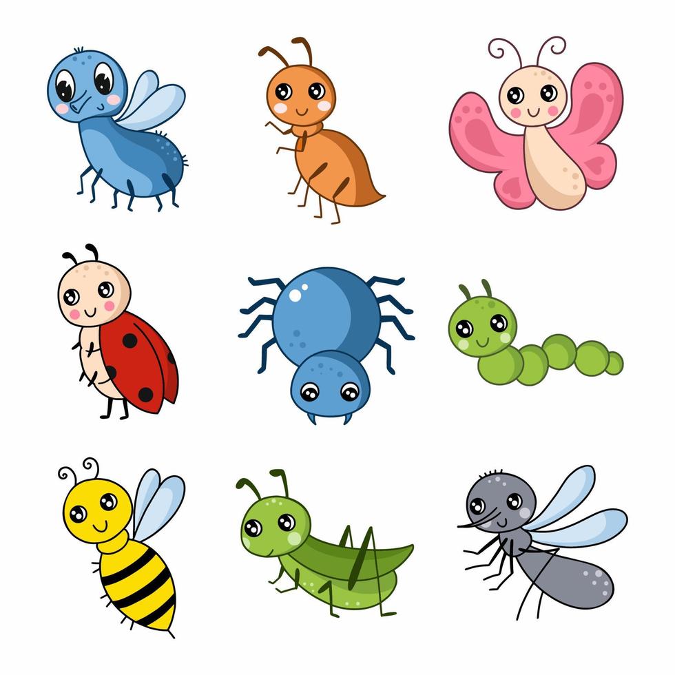 insetti. impostato di cartone animato stile illustrazioni. elementi per arredamento di asilo. adesivi con animali. vettore