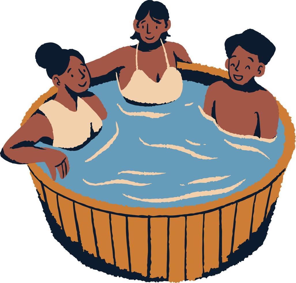 donne e uomini rilassante nel un' di legno vasca di caldo vasca vettore illustrazione design