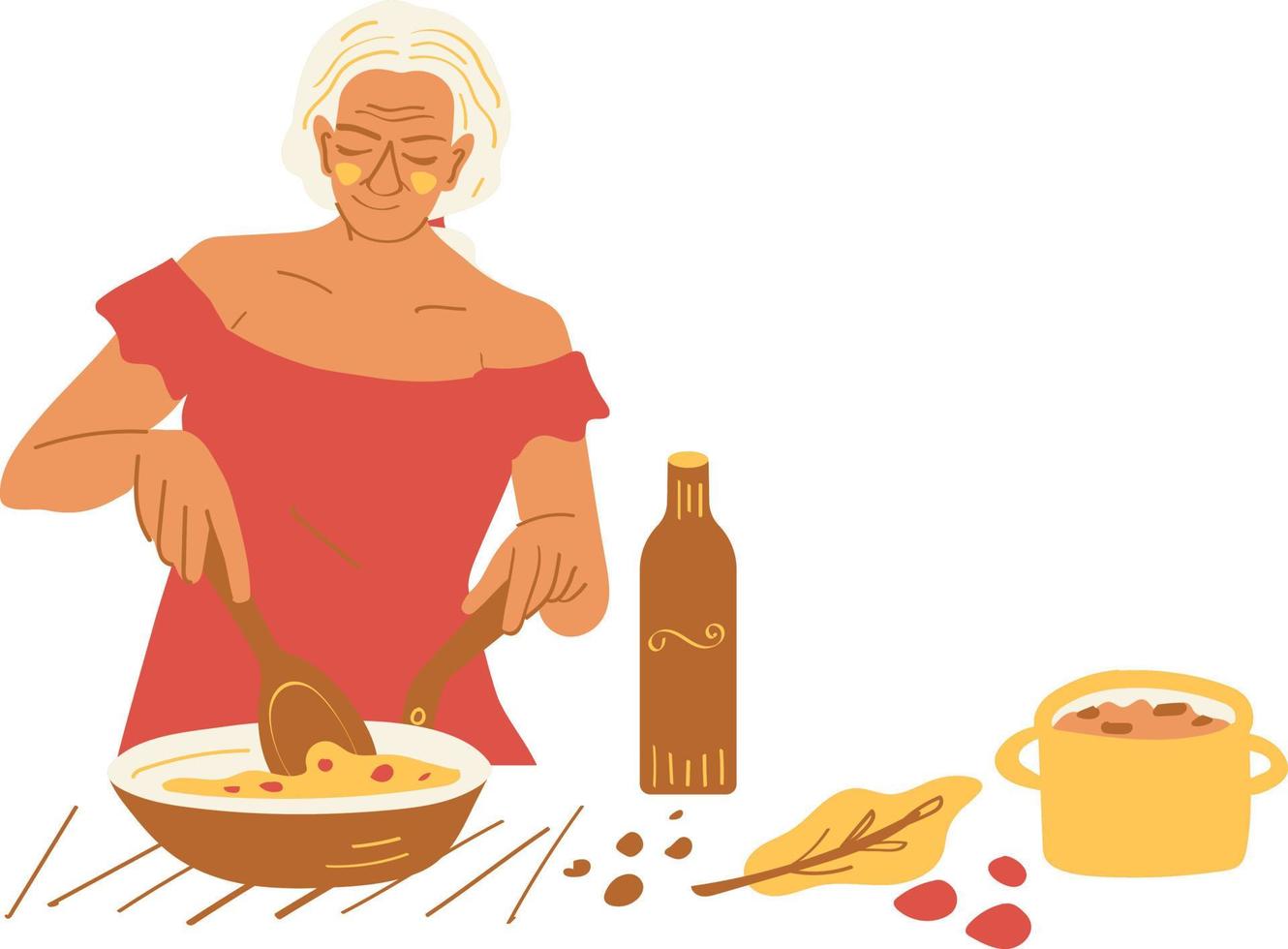 anziano donna cucinando nel il cucina. piatto vettore illustrazione.