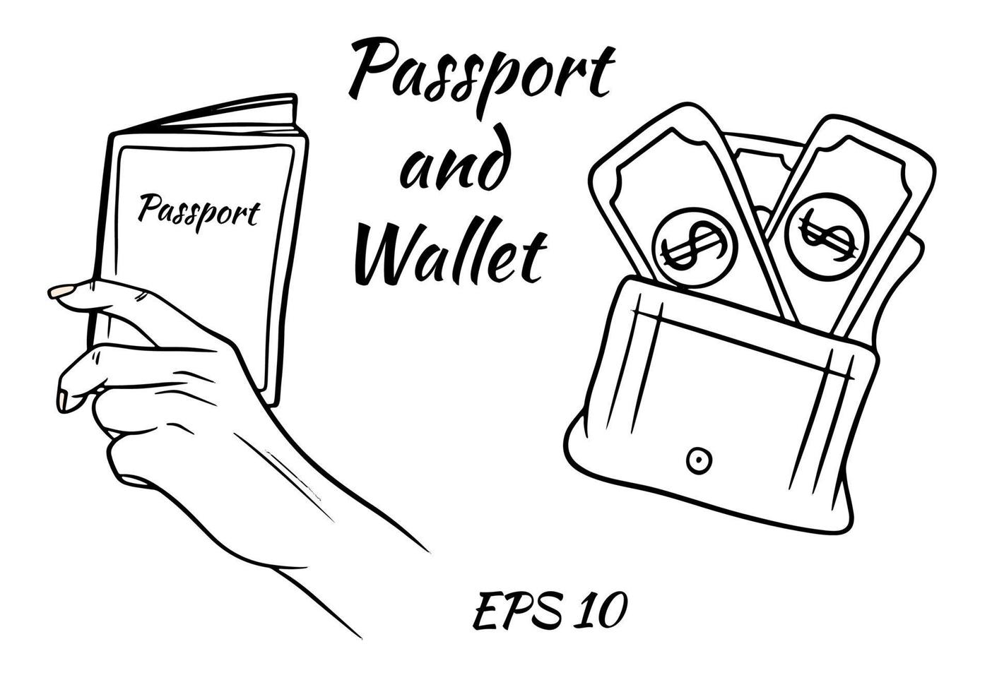 un set di passaporto in mano e un portafoglio con i soldi. vettore