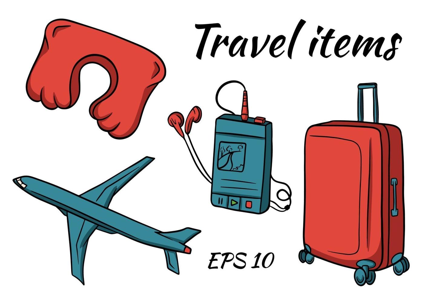 un insieme di articoli per il viaggio. una valigia per le cose, un aeroplano, un lettore musicale, cuscini per dormire. vettore