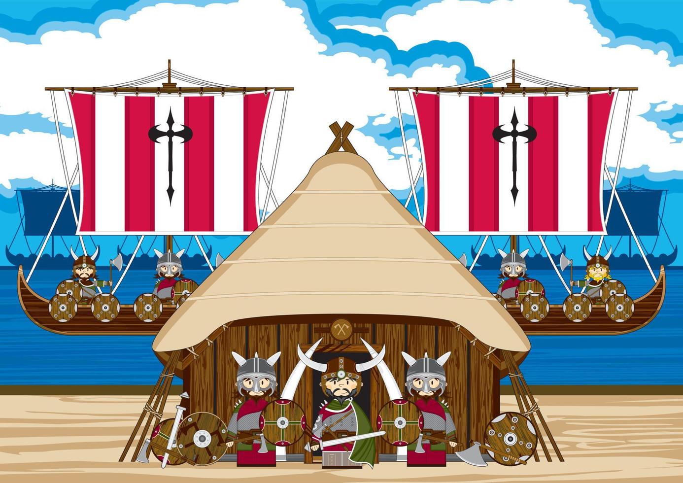 cartone animato vichingo guerrieri su il spiaggia con barche lunghe norvegese storia illustrazione vettore
